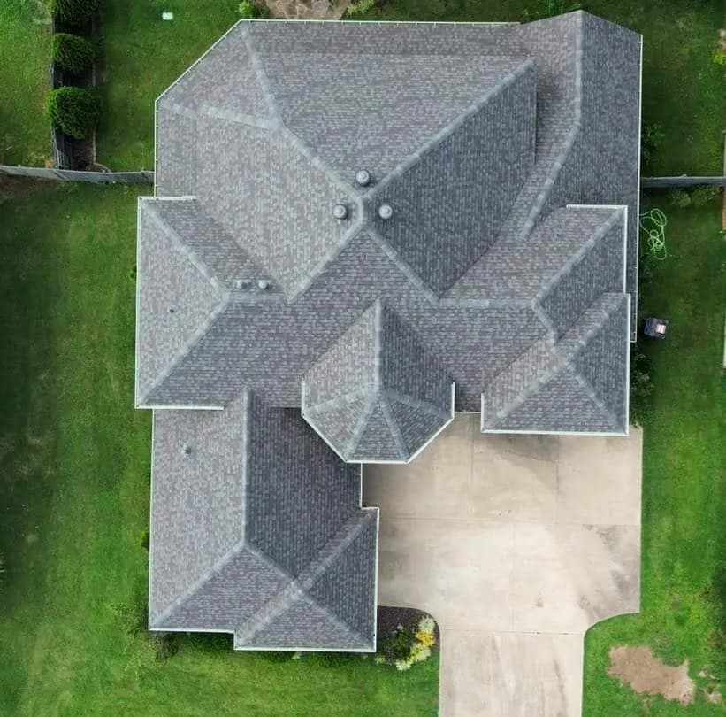 Aerial view of a new residential asphalt roof